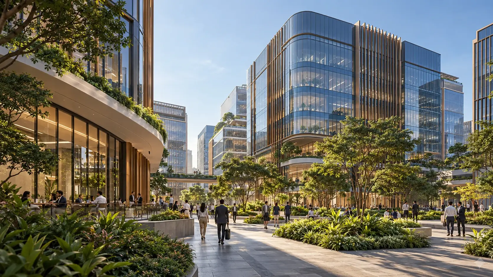 Glass office towers above a planted promenade
