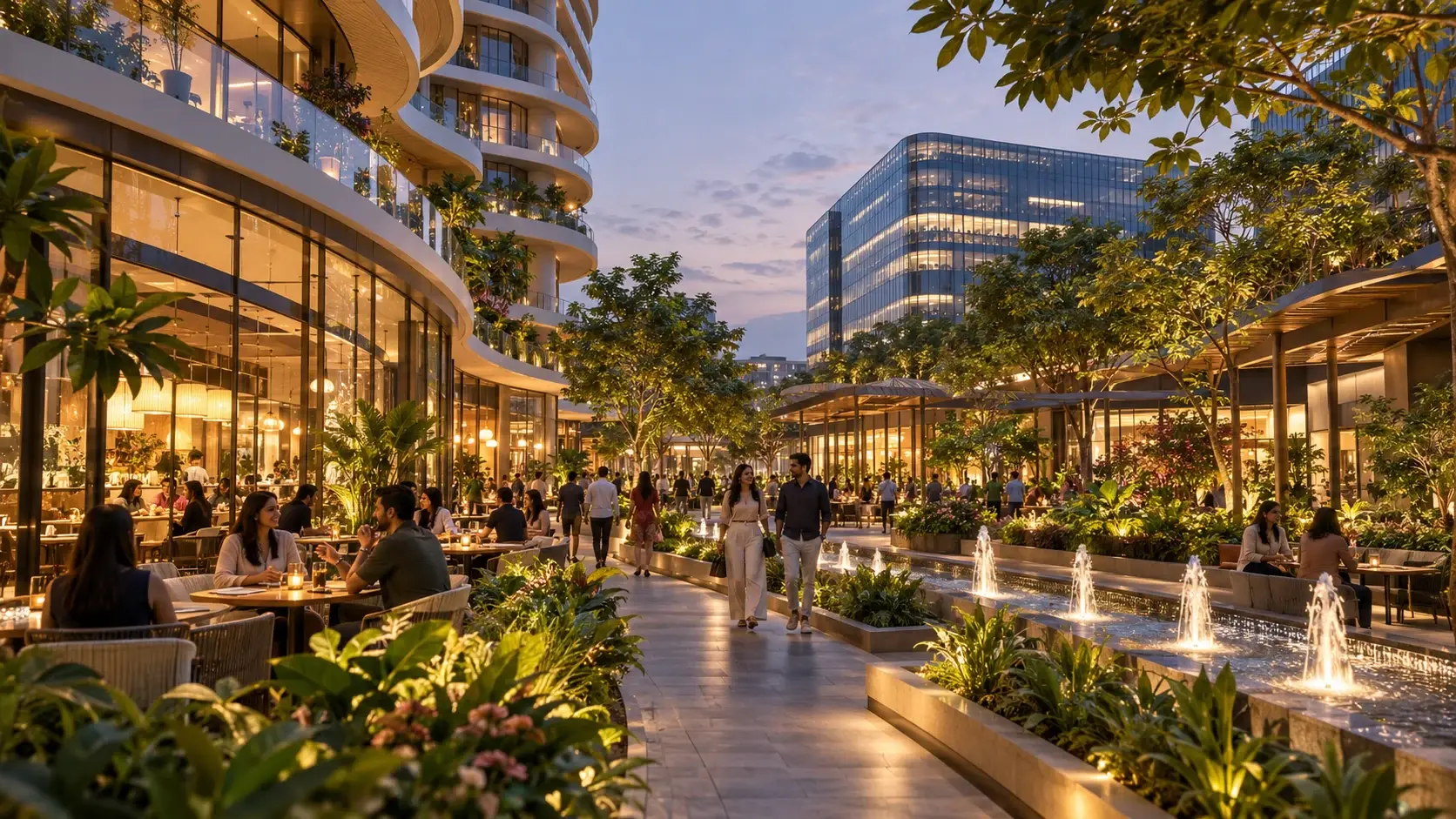 An evening retail promenade with cafés, fountains and planting