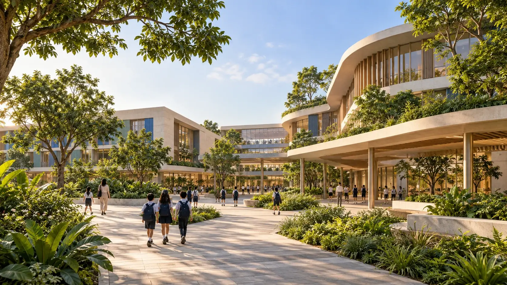 A school campus with covered walkways and gardens
