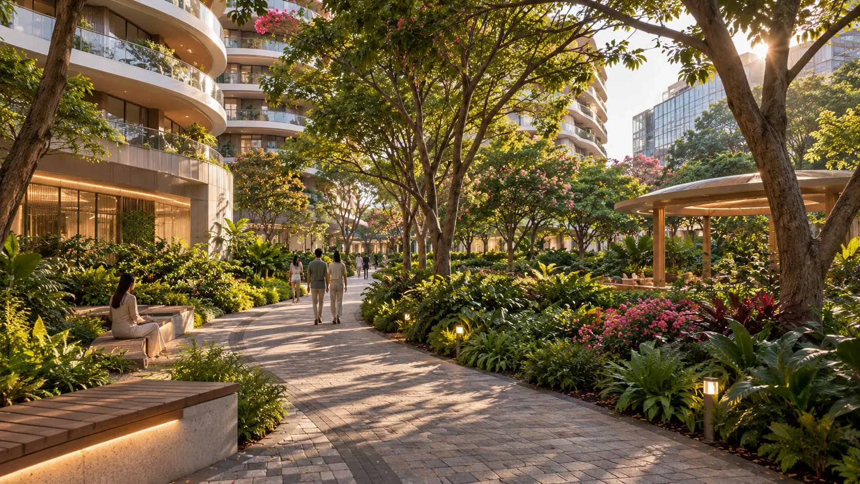 A shaded garden walk lined with seating and flowering beds