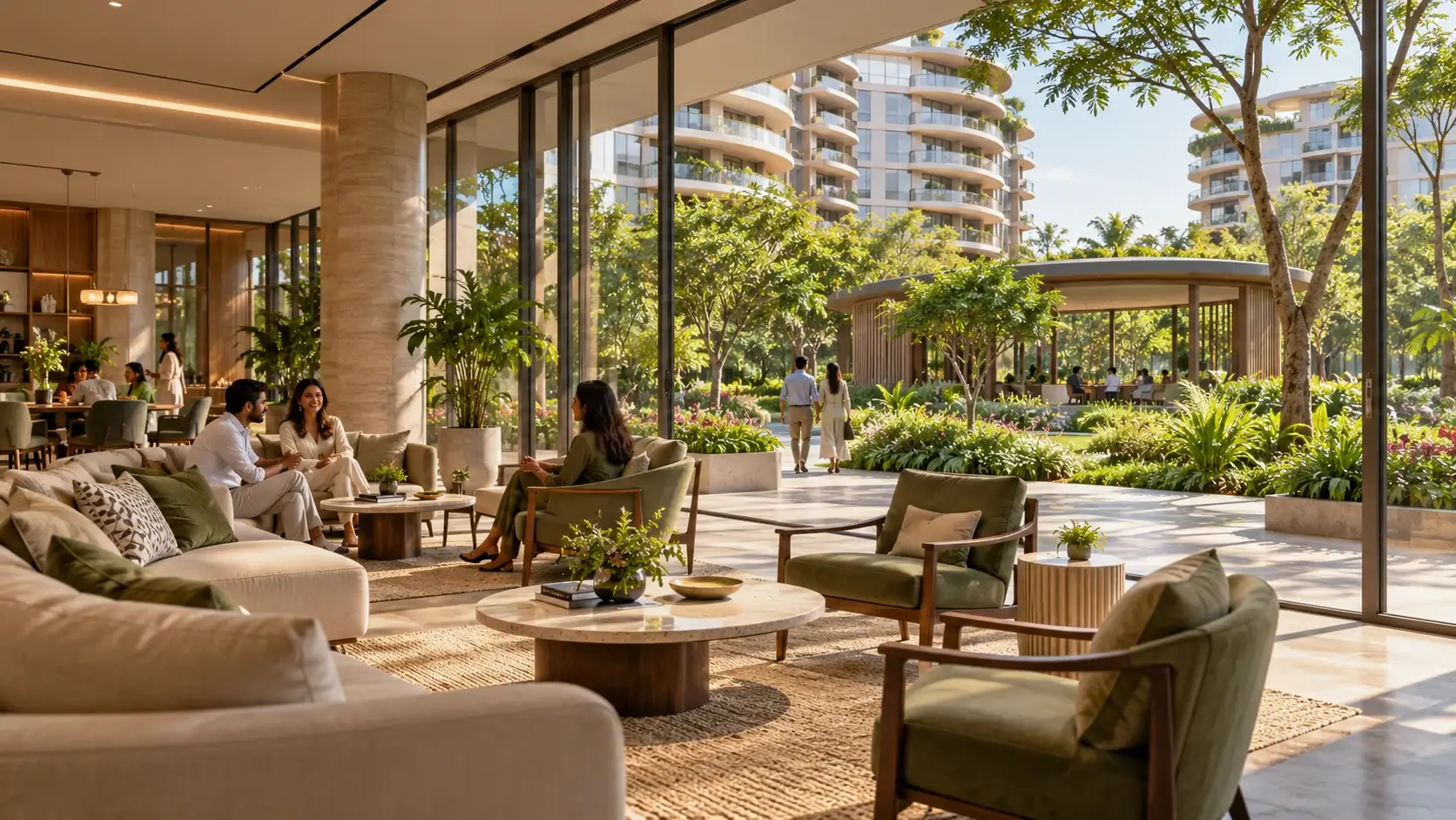 A clubhouse lounge opening onto gardens and towers