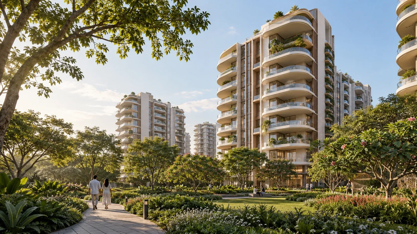 Curved residential towers with planted balconies rising over a landscaped garden walk at golden hour