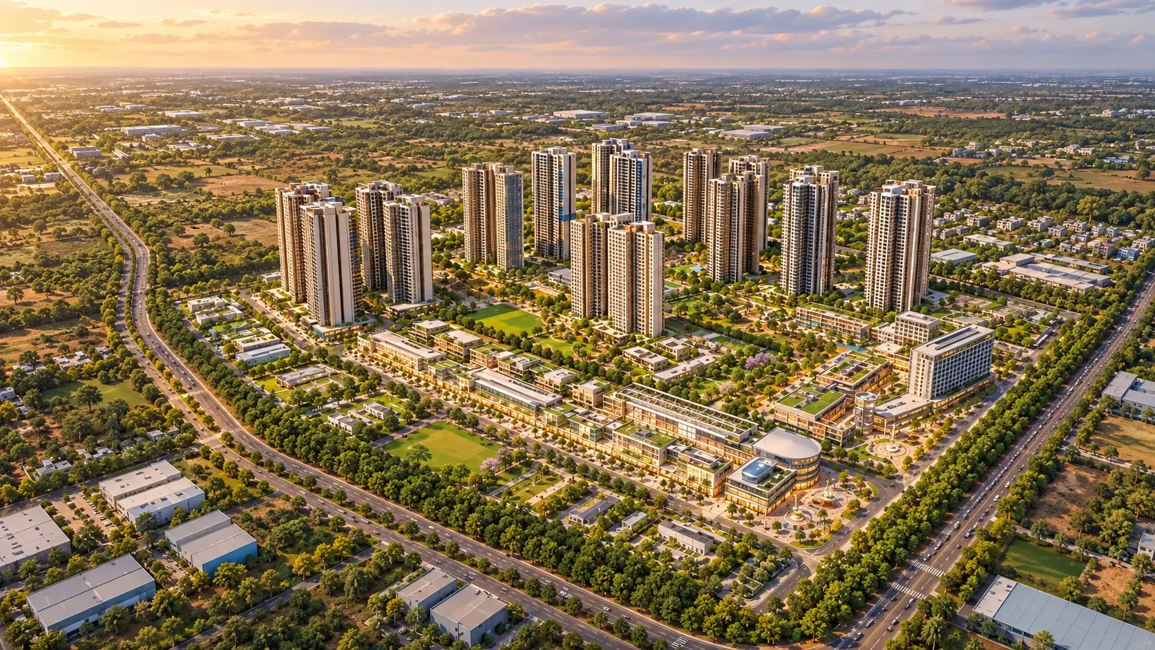 An integrated township of towers, offices and green courts seen from above