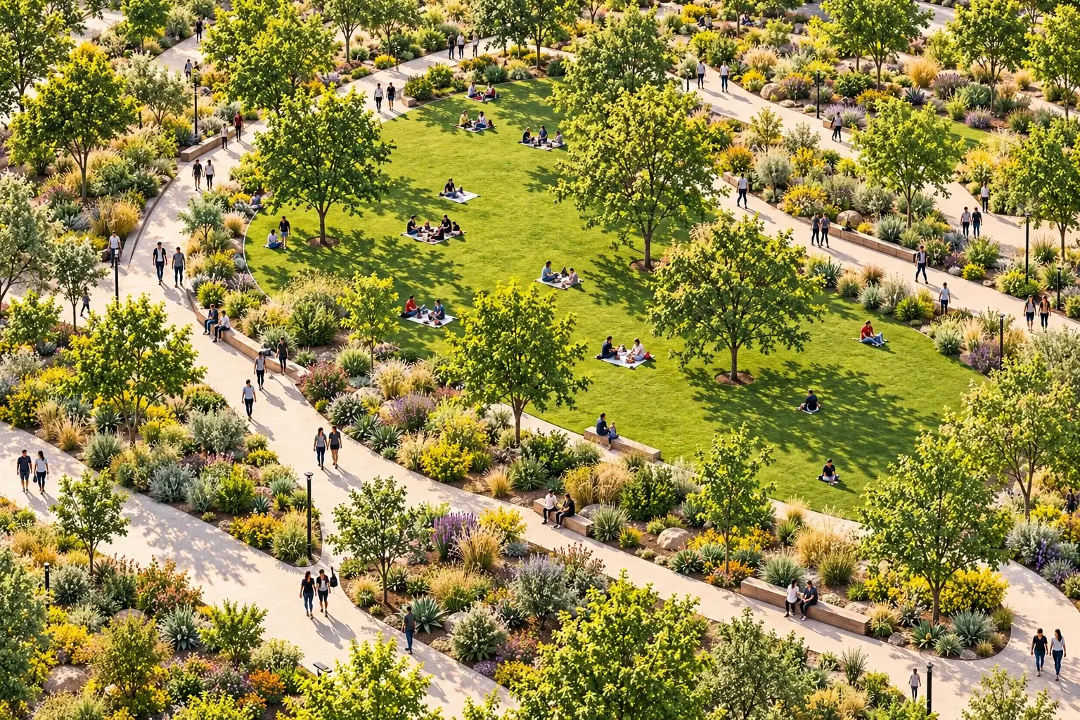 Winding garden paths through the township’s central park