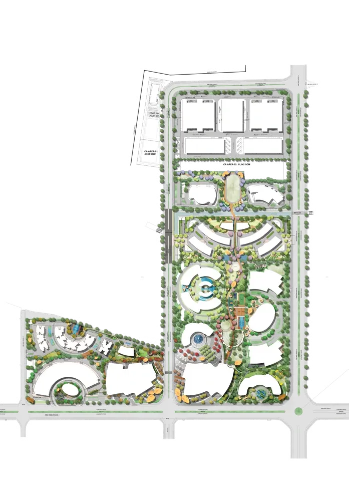 The township master plan: an elongated main parcel and a smaller adjoining parcel, with buildings set around landscaped courts and a central green spine