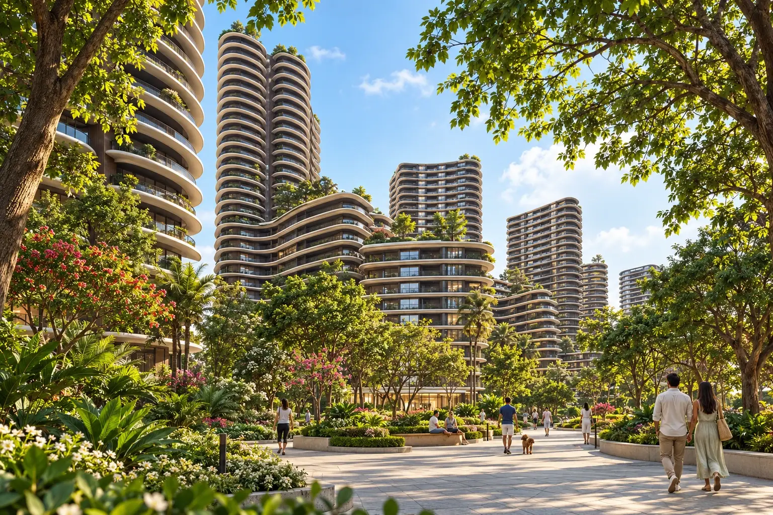 Curved residential towers framed by flowering trees and a garden walk